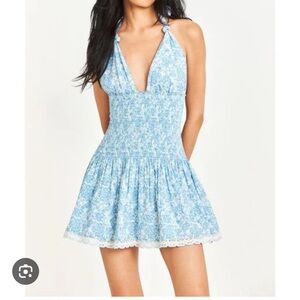LoveShackFancy Light Blue Floral Halter Mini Dress